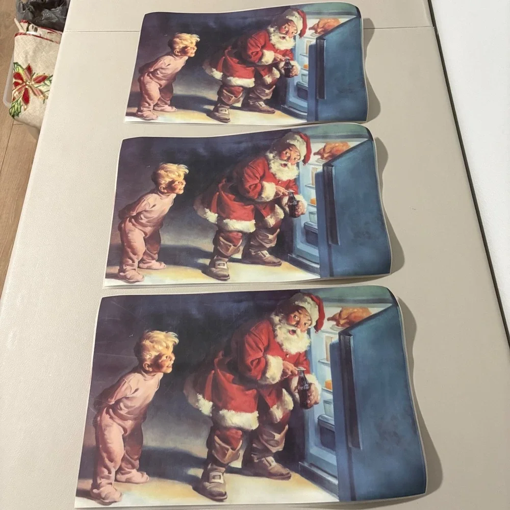 Vintage Coca Cola Santa Claus & Boy Refrigerator‎ Christmas Placemats Set of 3